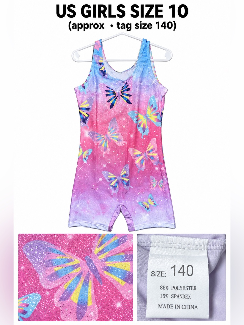 Girls Butterfly Rainbow Gymnastics Leotard Romper - Pink Purple Blue